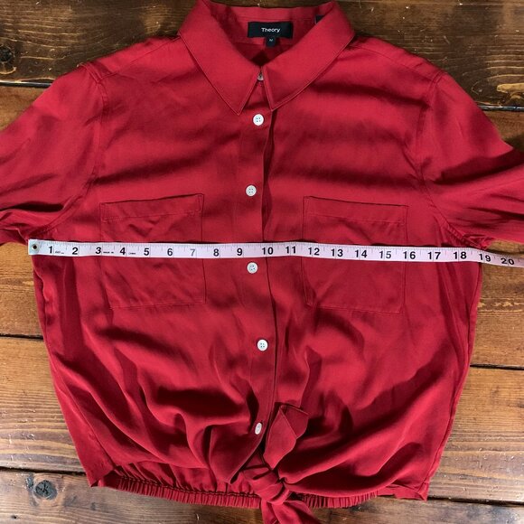 Theory Stretch Silk Women's Tie-Front Red Medium Long Sleeve Button Shirt Blouse - Picture 12 of 14